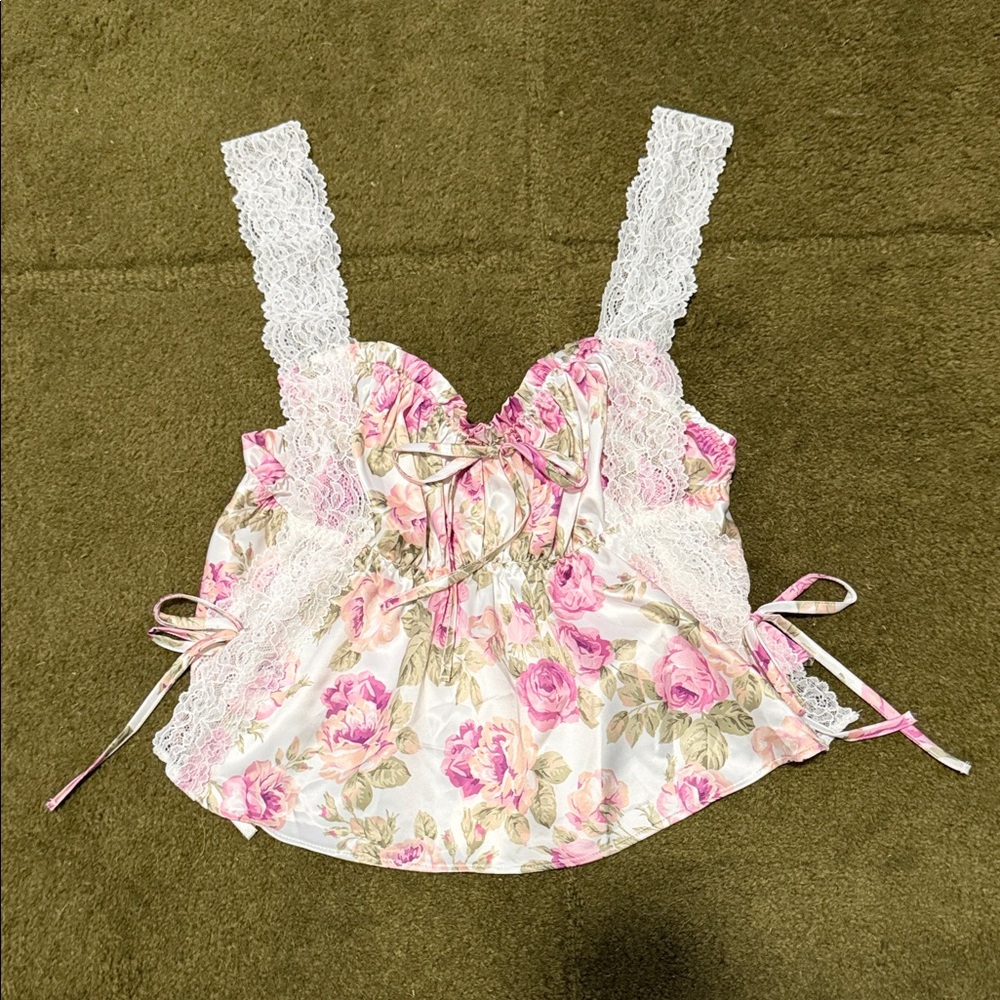 For Love And Lemons Floral Lace Crop Top - Pink and White